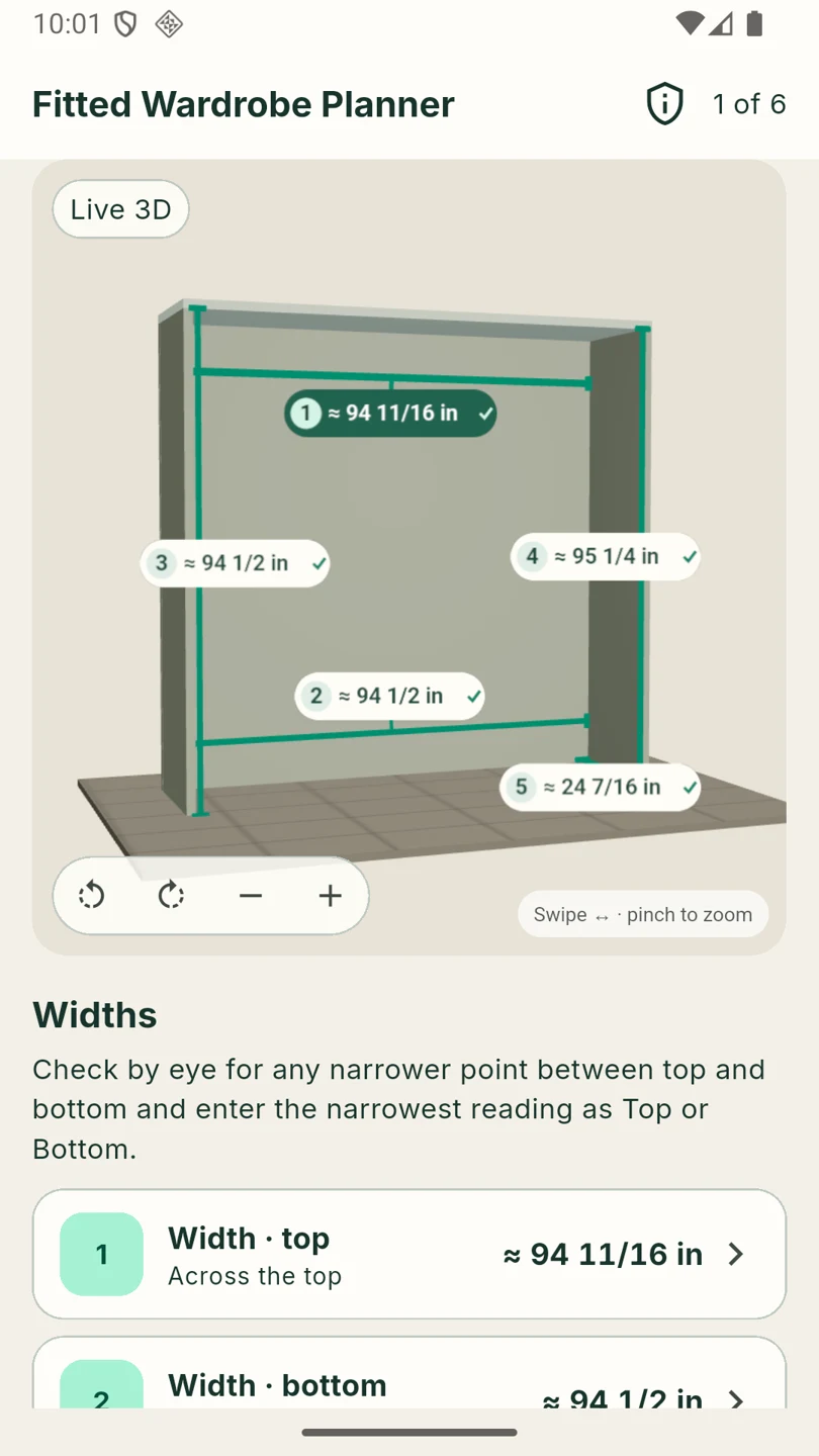The same alcove measurements displayed as US inch fractions