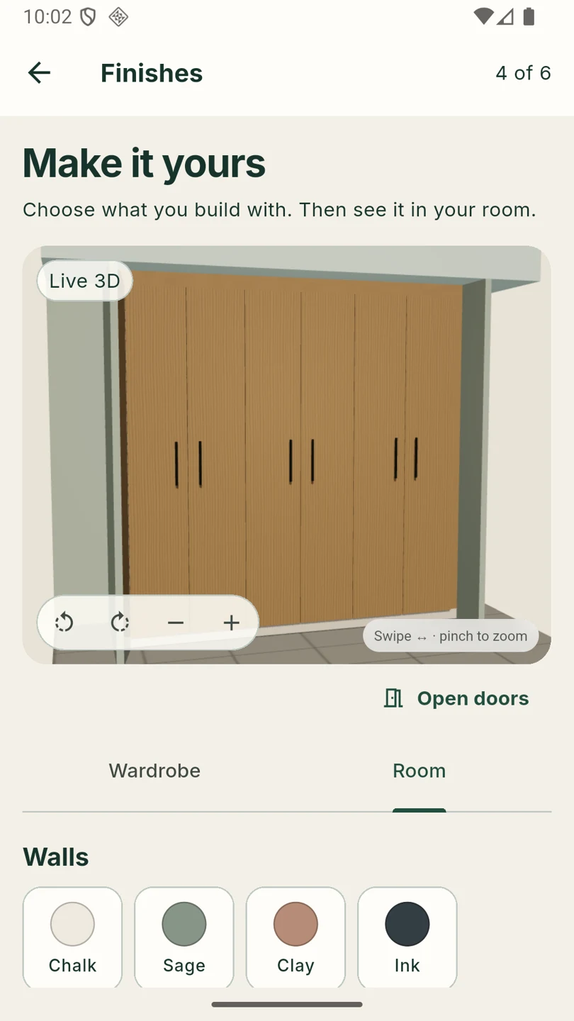 Room tab with wall colour swatches beside the wardrobe preview