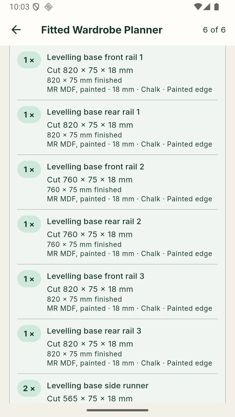 Cut list showing the selected MR MDF material, raw and finished base rail sizes and part quantities