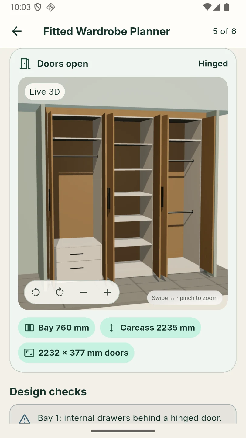 Open wardrobe preview showing shelves, hanging rails and internal drawers