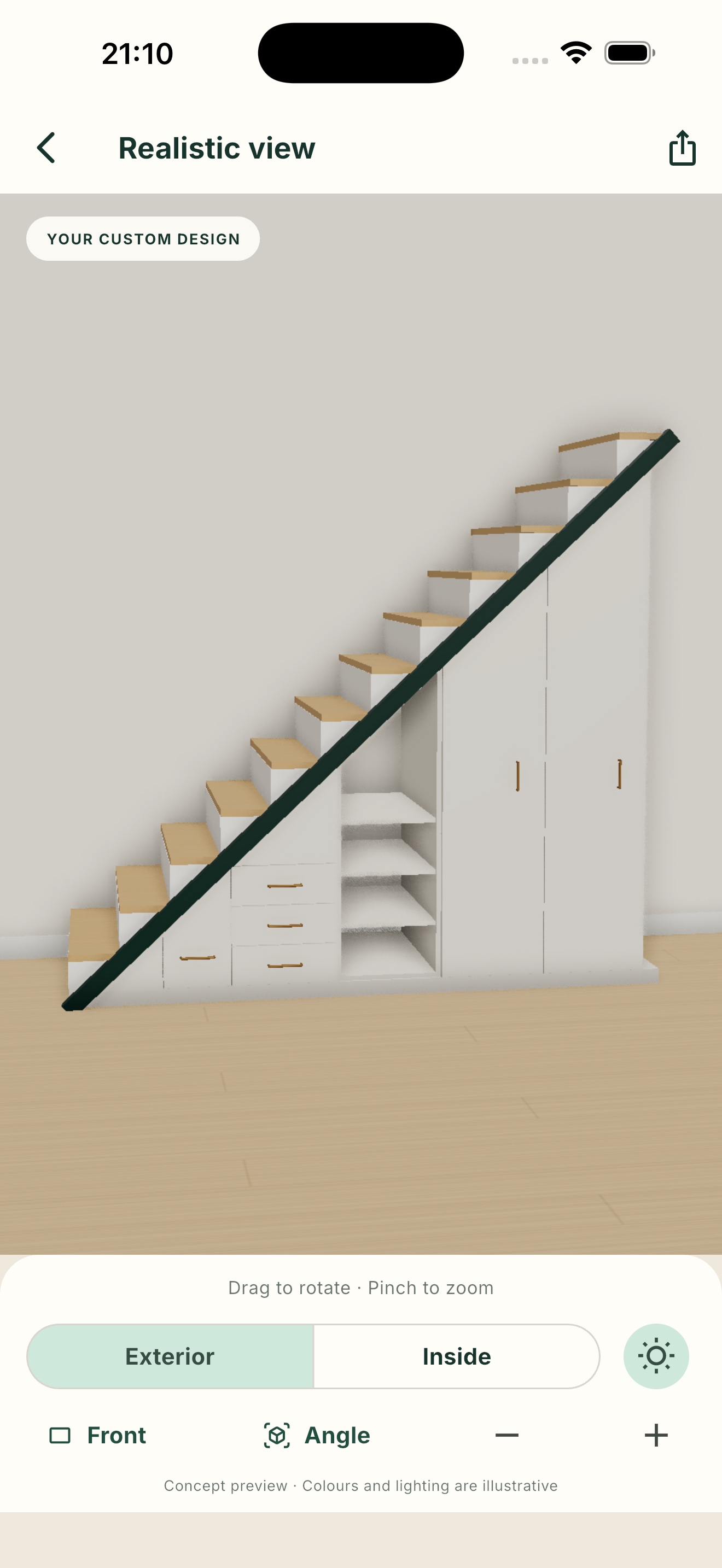Understairs Planner realistic preview of cream storage cupboards beneath wooden stairs