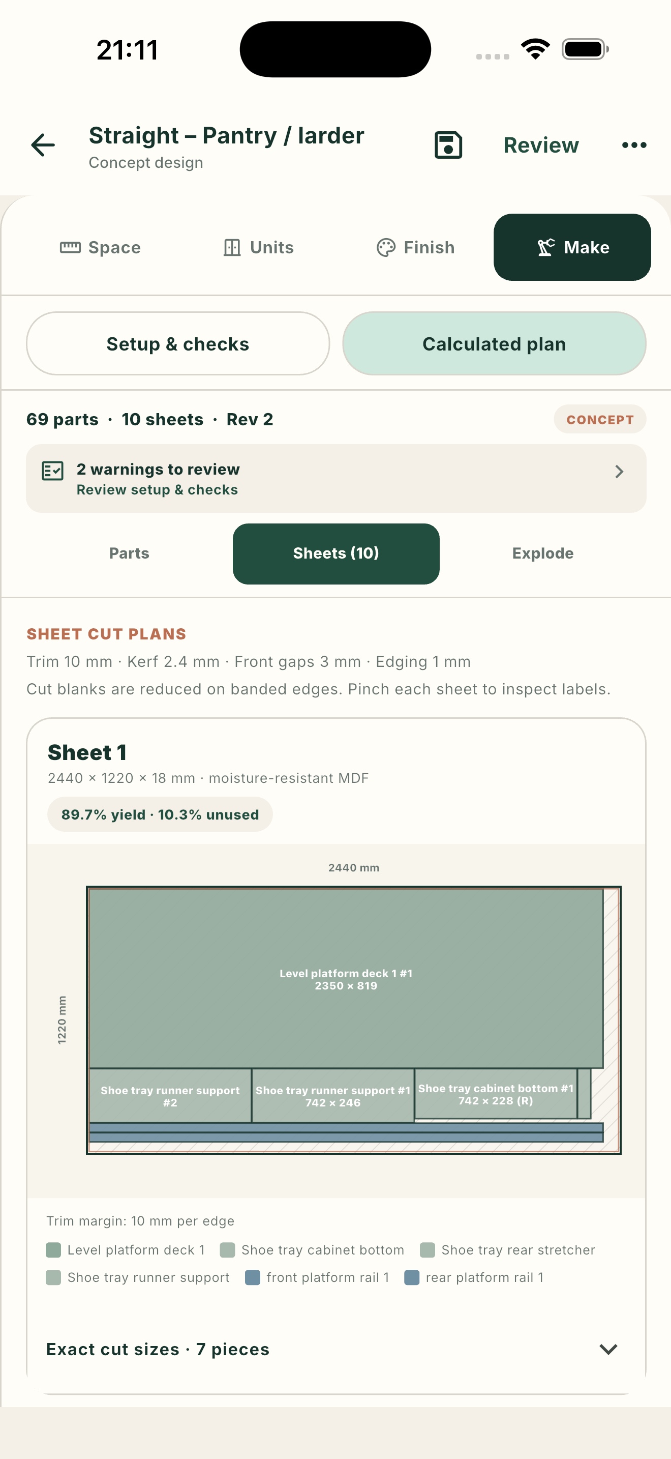 Understairs Planner Make workspace showing a calculated sheet layout